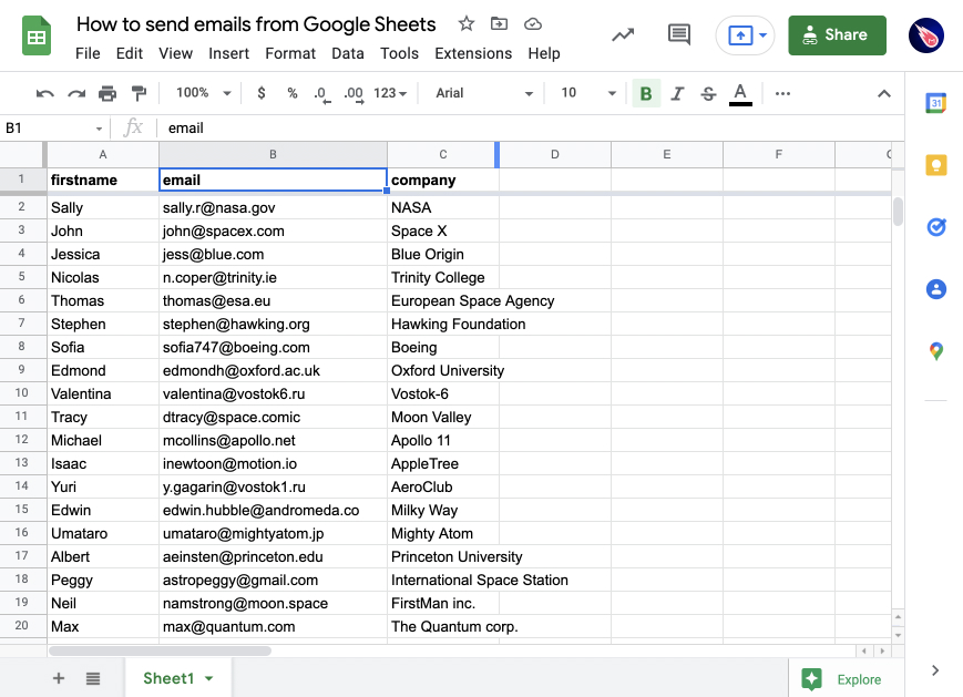 List of contacts in Google Sheets