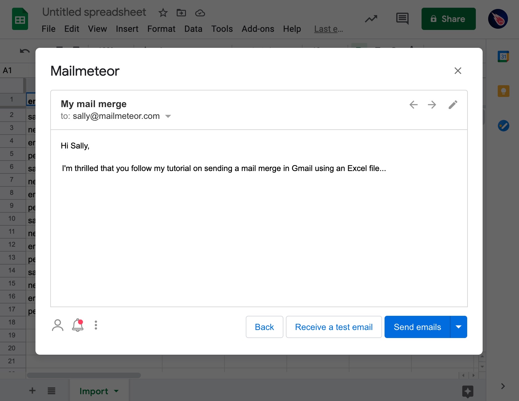 Preview of a mail merge in Mailmeteor