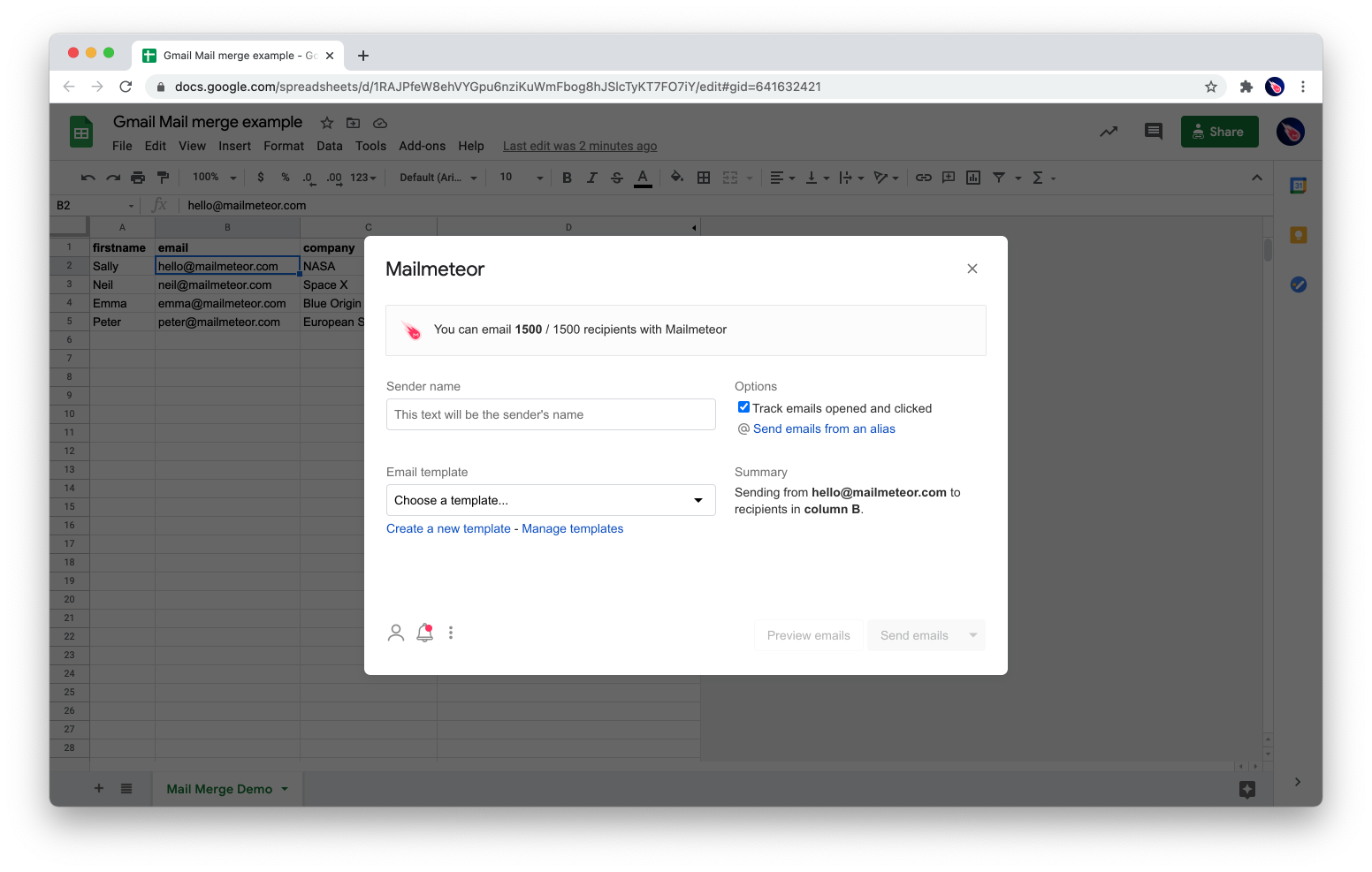 Open Mailmeteor add-on to mail merge in Google Sheets