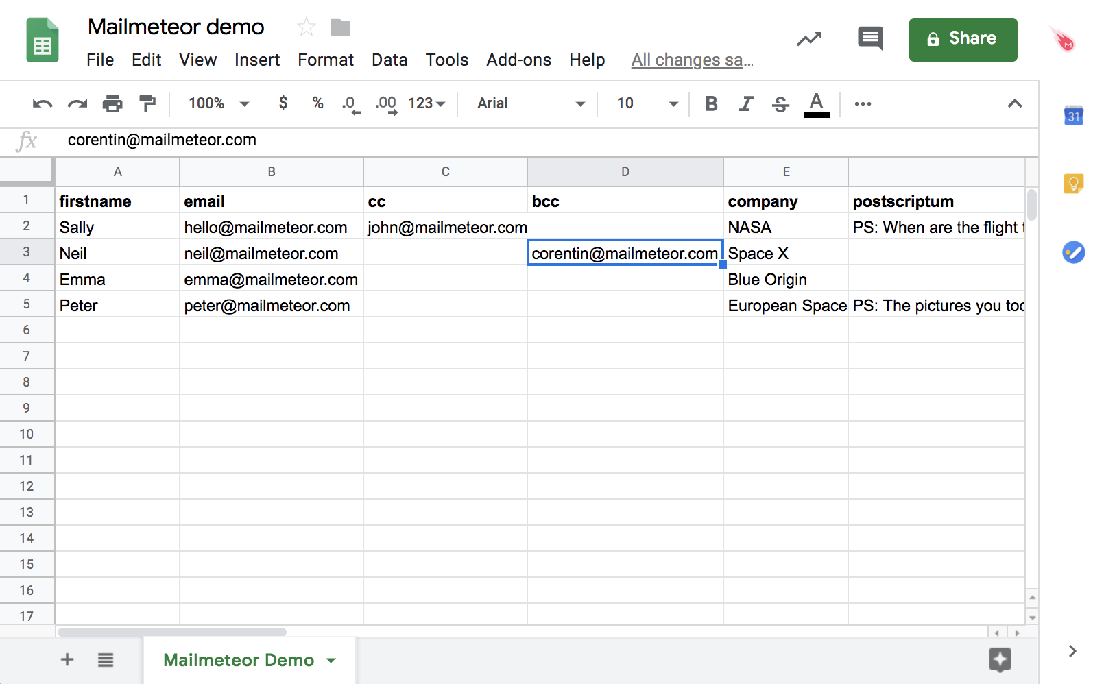 Add bcc recipients in Google Sheets