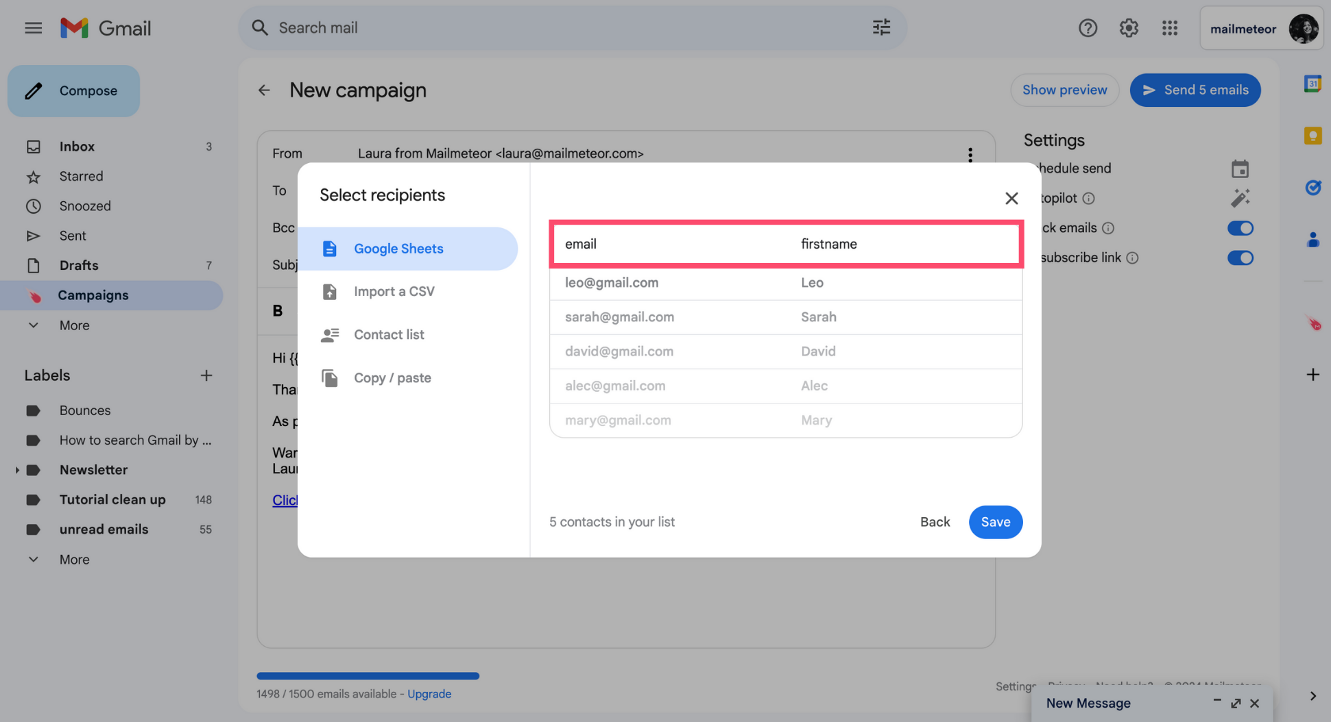 Add recipients to a Mailmeteor campaign in Gmail