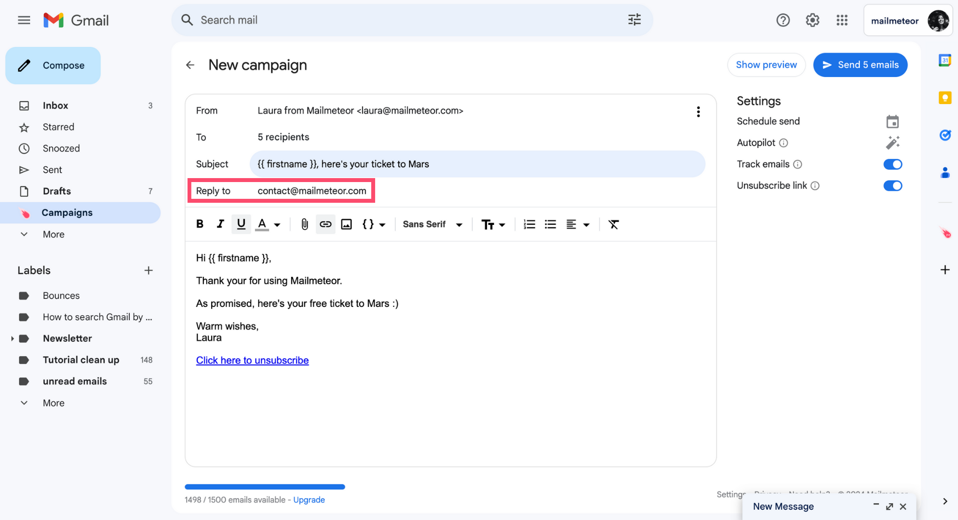 Add a different reply to address to your Mailmeteor campaign