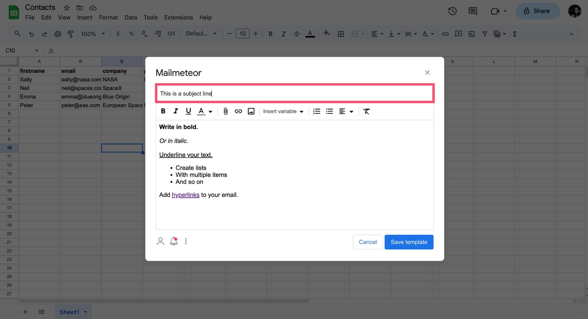 Add your subject line in Google Sheets