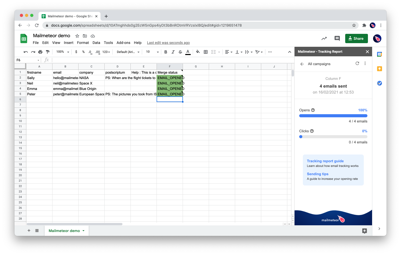 Email tracking report in the Google Sheets add-on