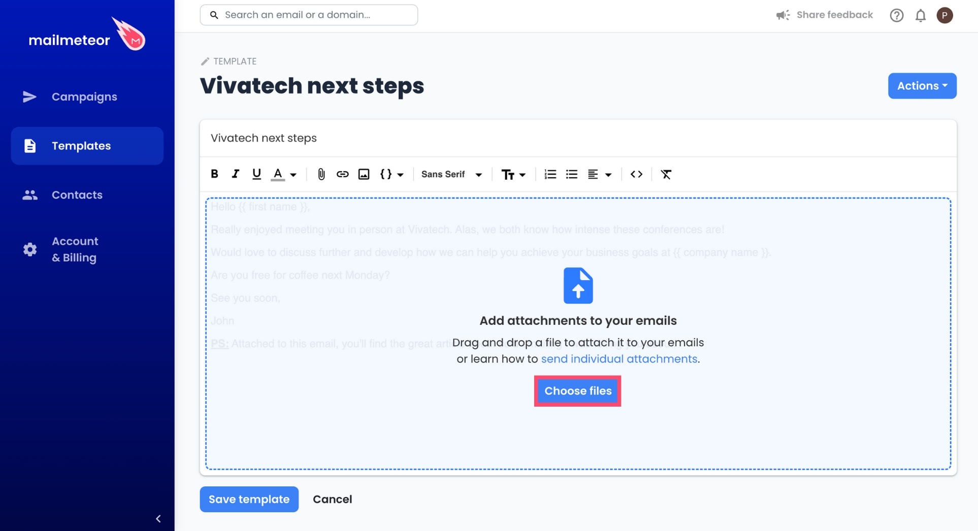 Choose files in the Mailmeteor Dashboard