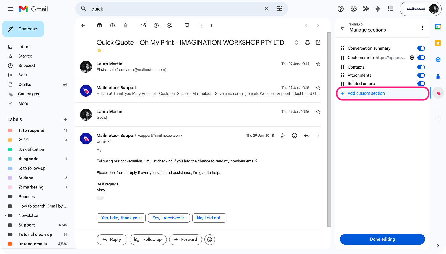 Custom section menu in the Mailmeteor panel