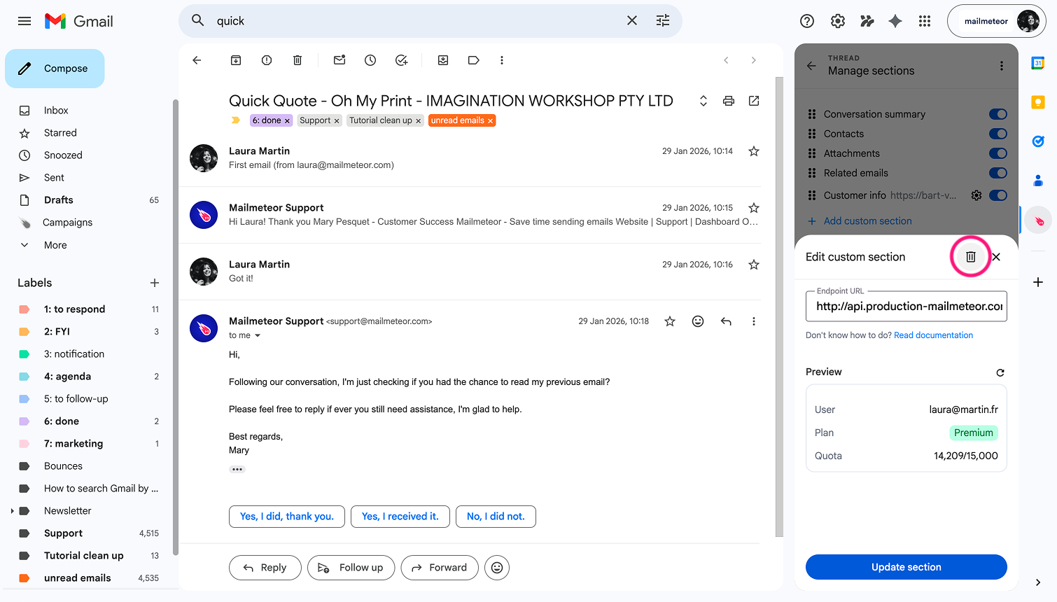 Deleting a custom section from the Manage sections view