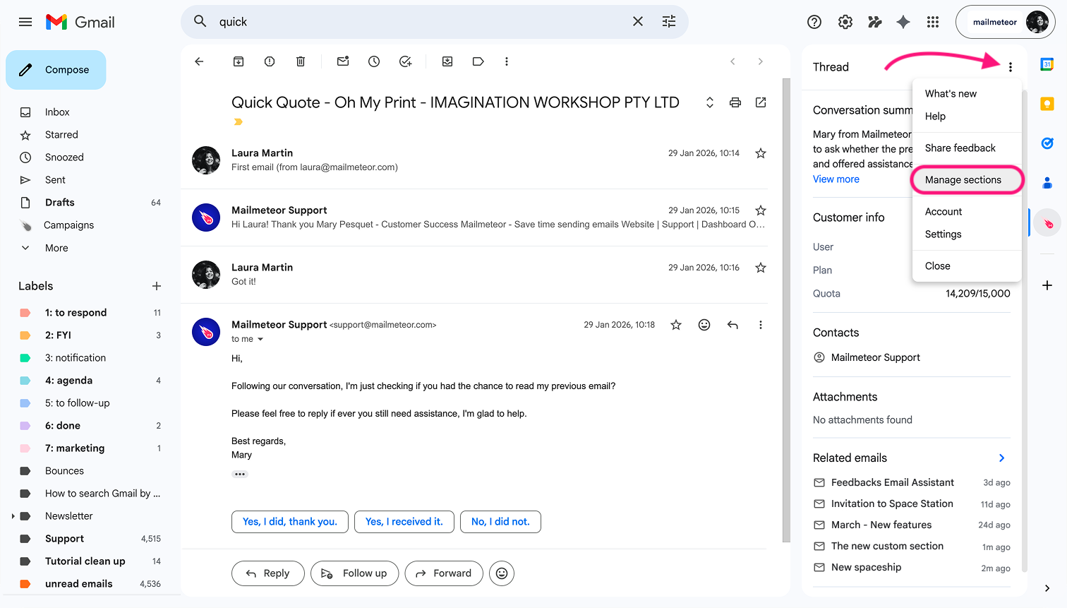Custom section menu in the Mailmeteor panel