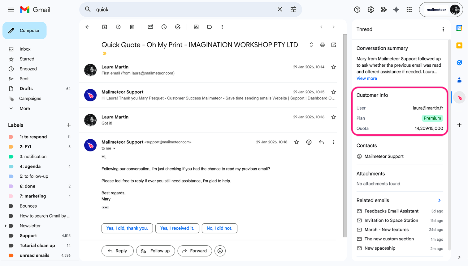 Custom section displayed in the Mailmeteor panel