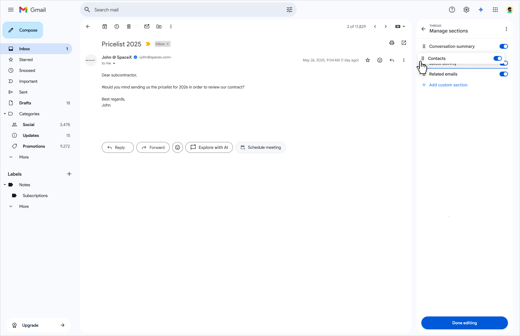 Rearrange context panel in Gmail