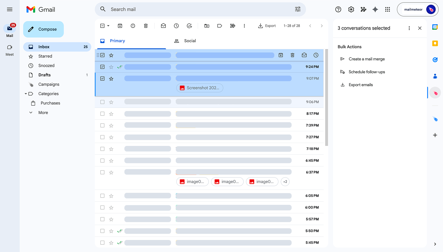 Bulk actions panel in Gmail with 3 conversations selected