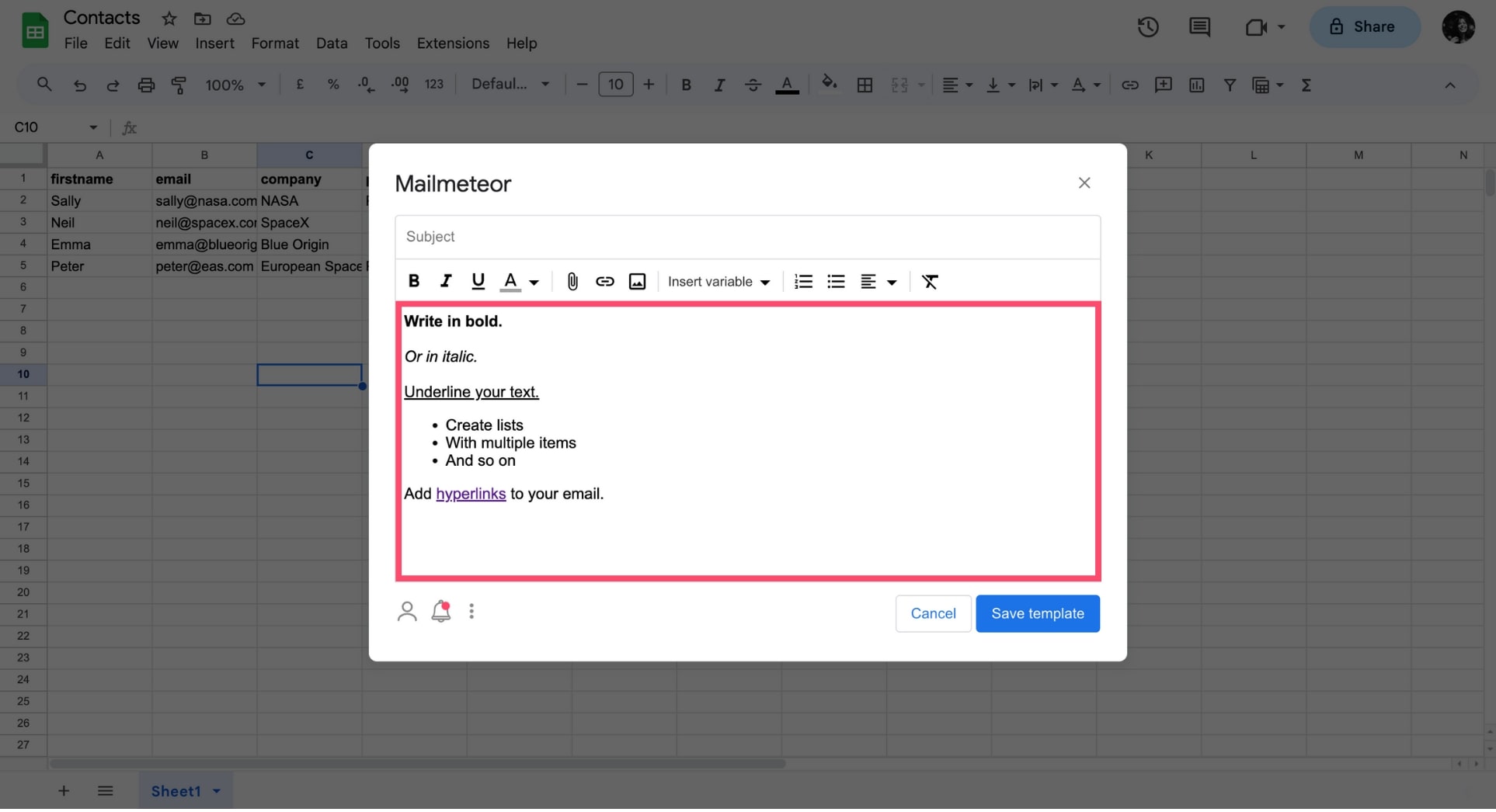 Compose your email in Google Sheets