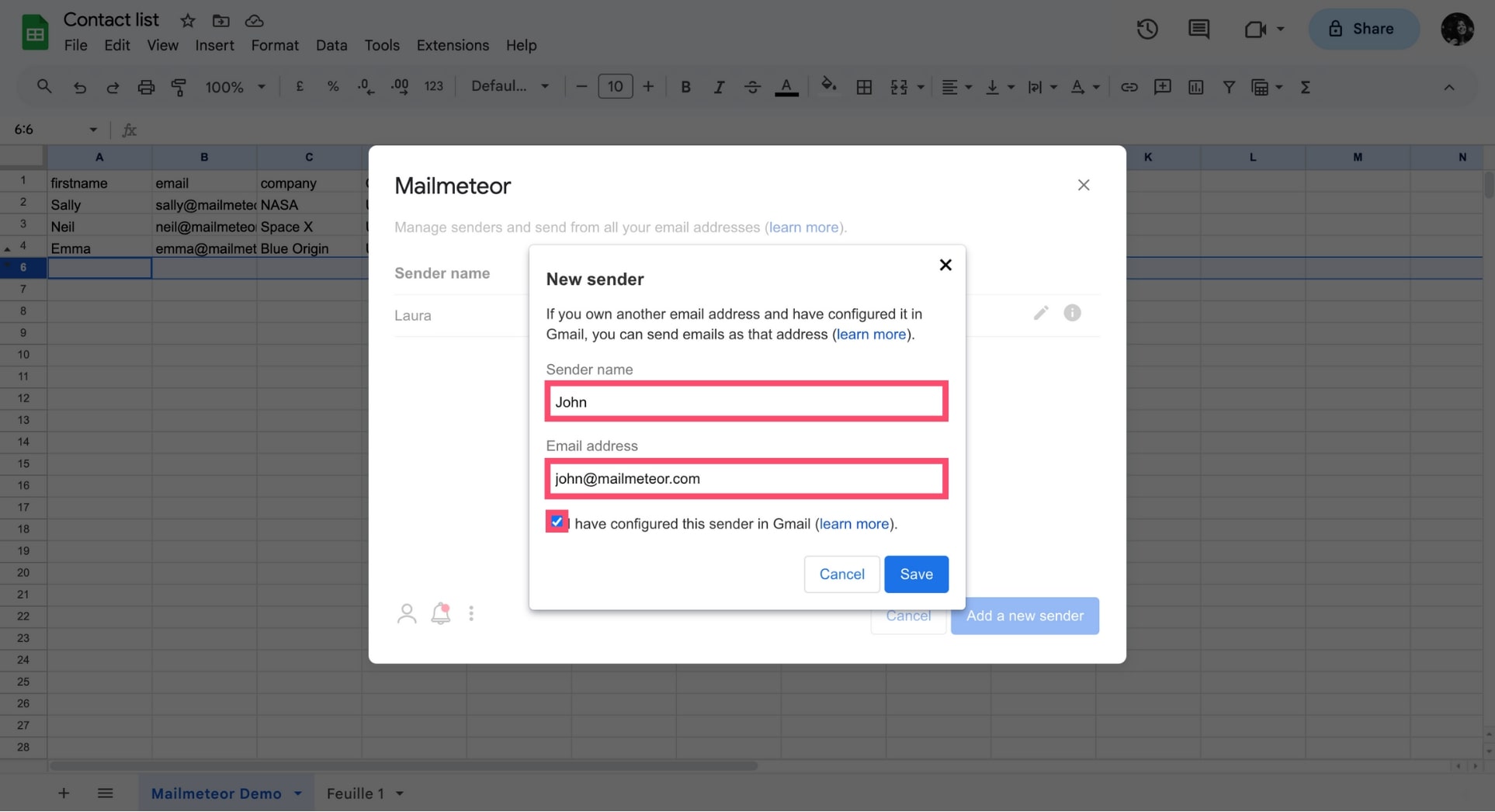 Configure your new alias in Google Sheets