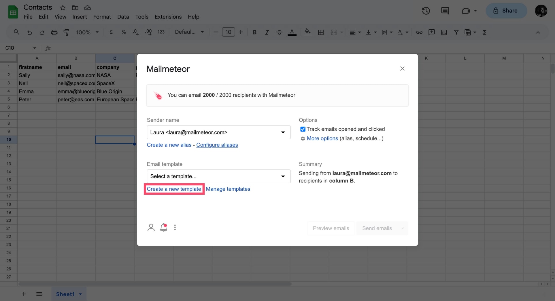 Create a new template in Google Sheets