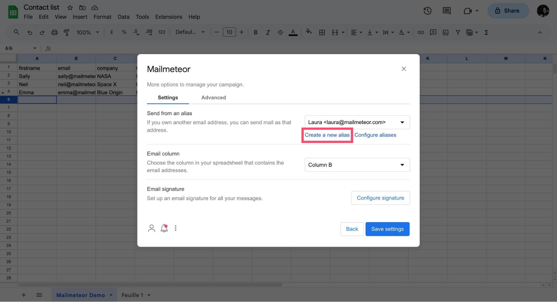 Create a new alias in Google Sheets