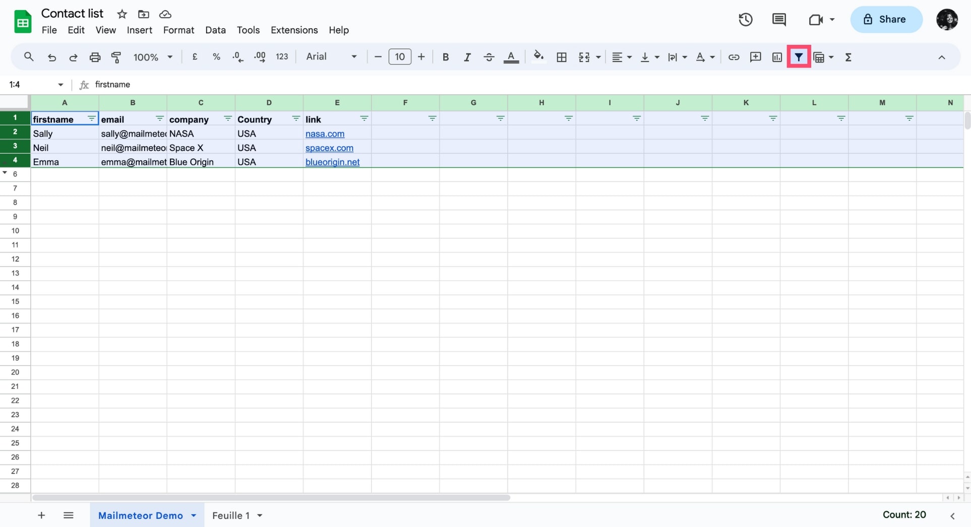 Create a filter in Google Sheets