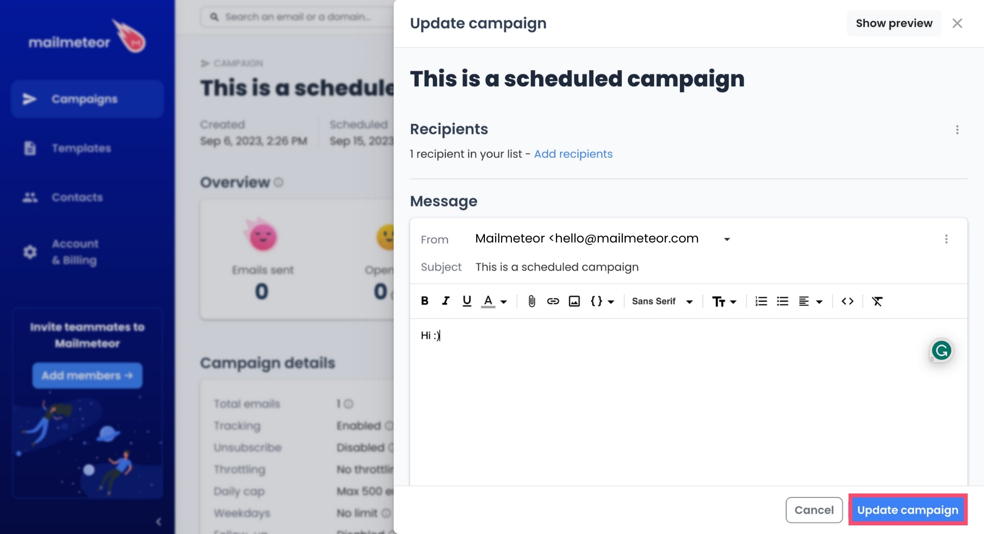 Edit scheduled campaign in Mailmeteor