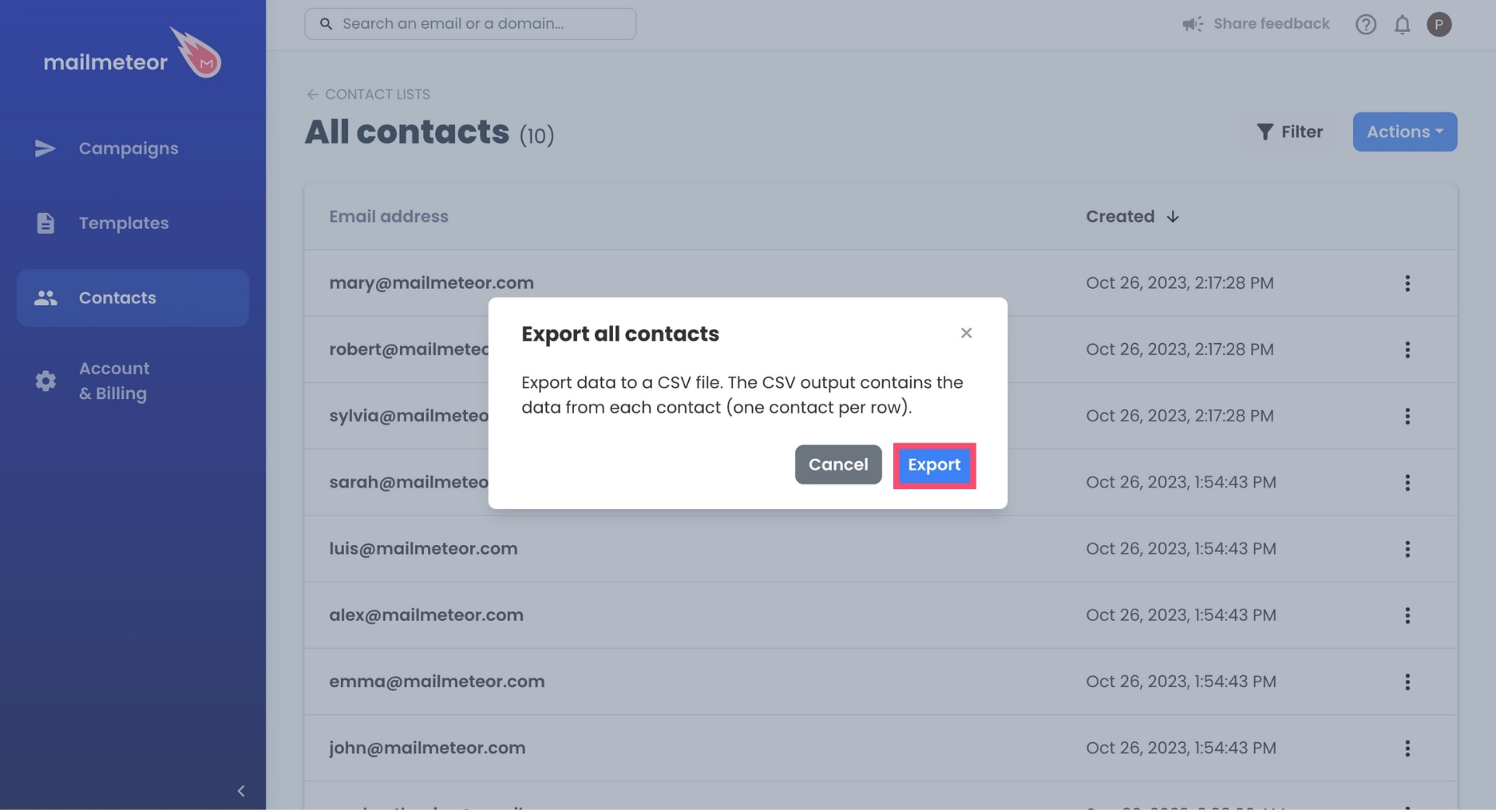 Export all contacts to a CSV file