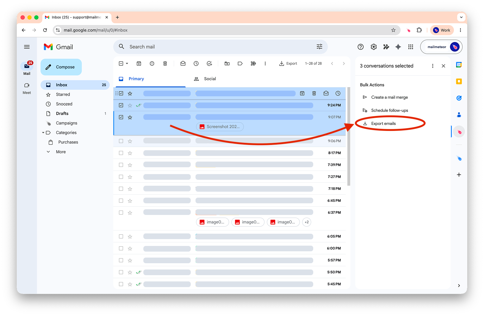 Export selected emails from the Mailmeteor sidebar