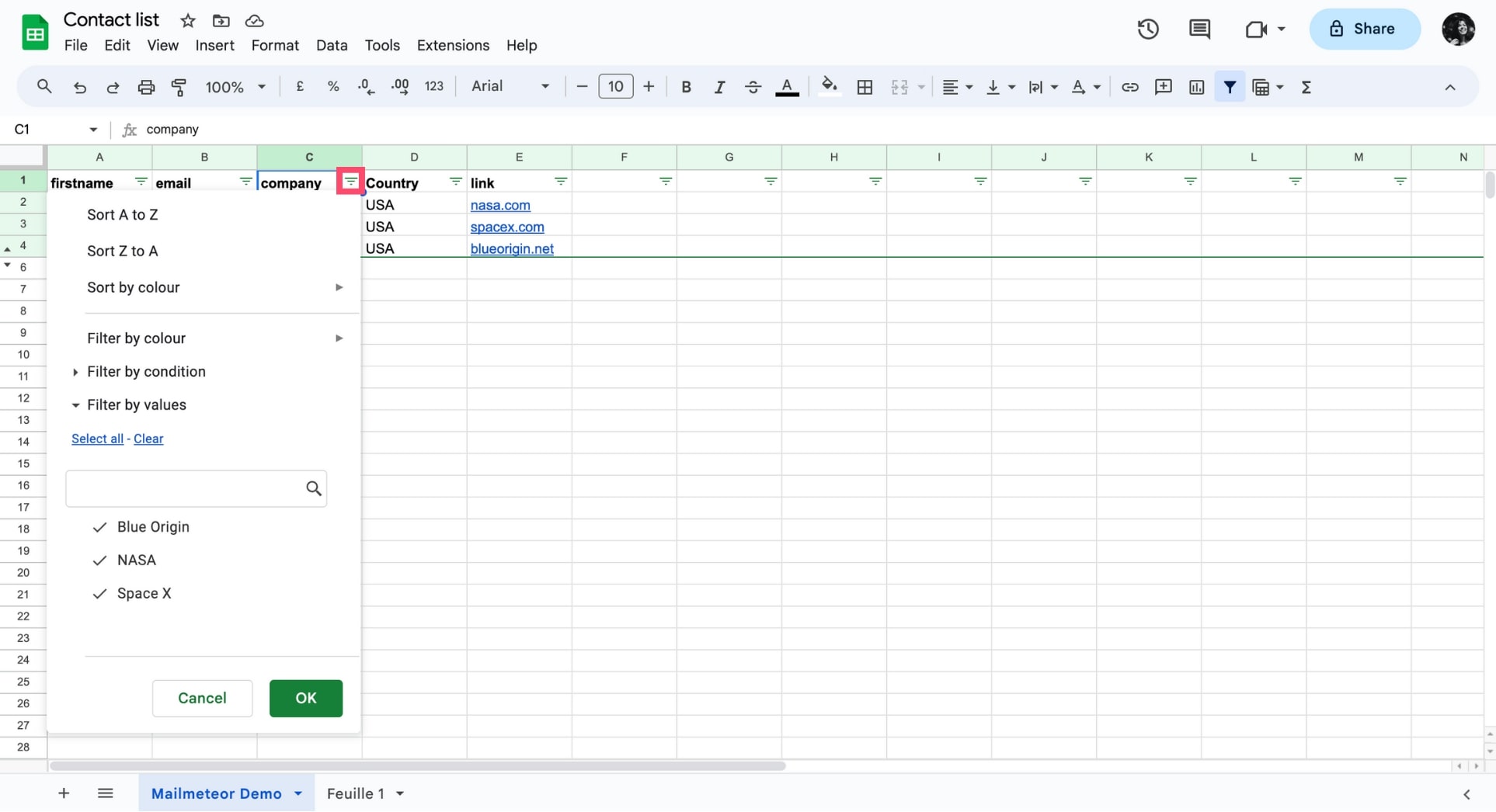 Configure a filter in Google Sheets