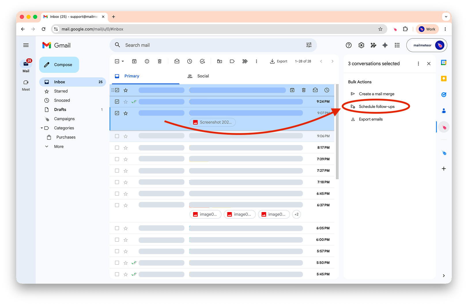 Schedule follow-ups for selected conversations from the Mailmeteor sidebar