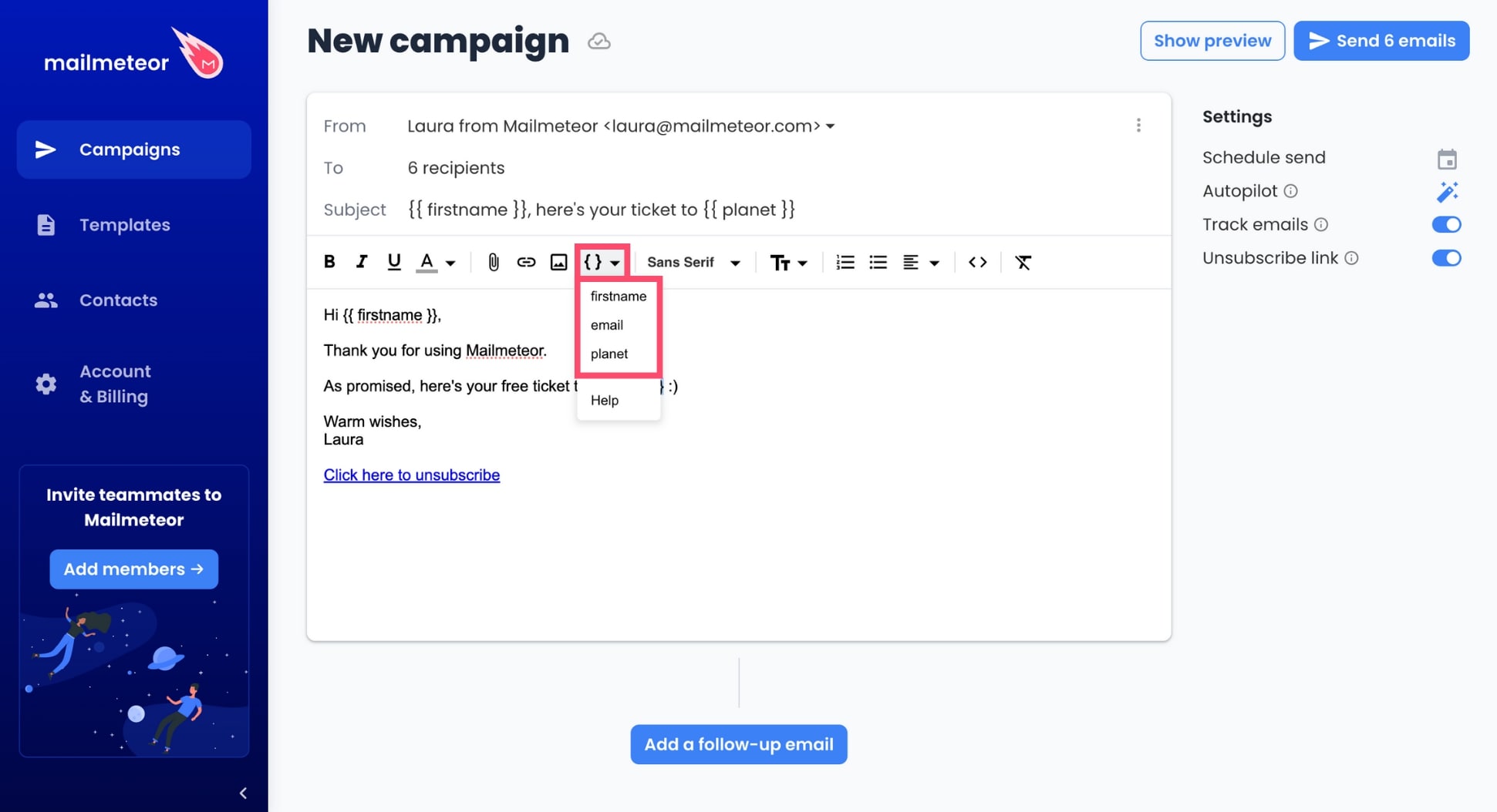 Insert a variable in Mailmeteor