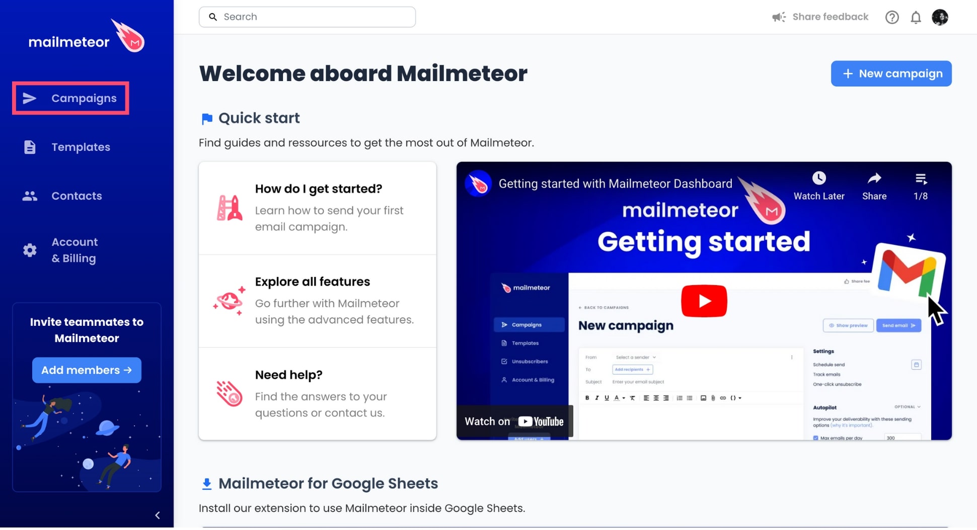 Campaigns tab in Mailmeteor