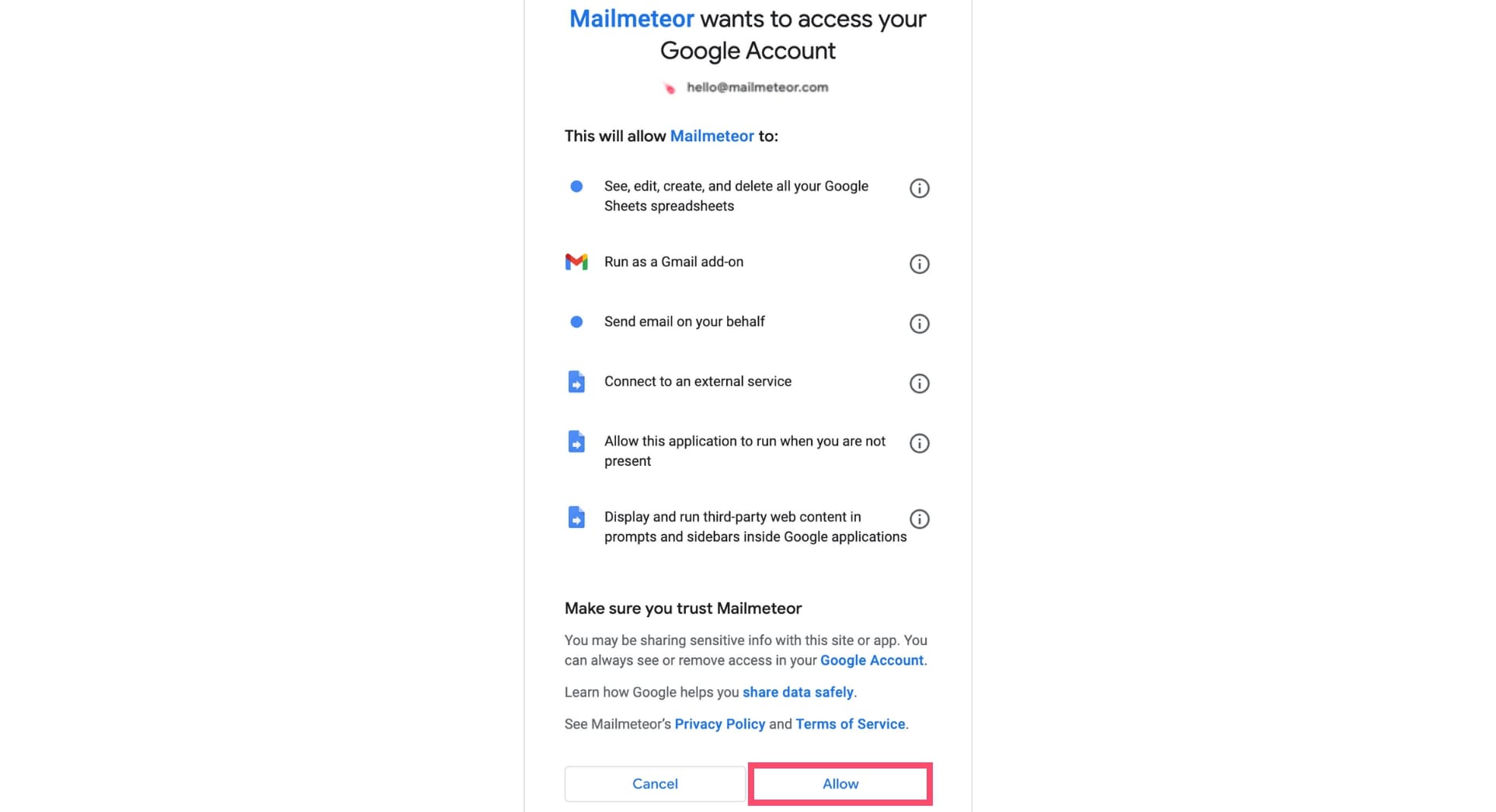 Allow Mailmeteor to accesss your Google account