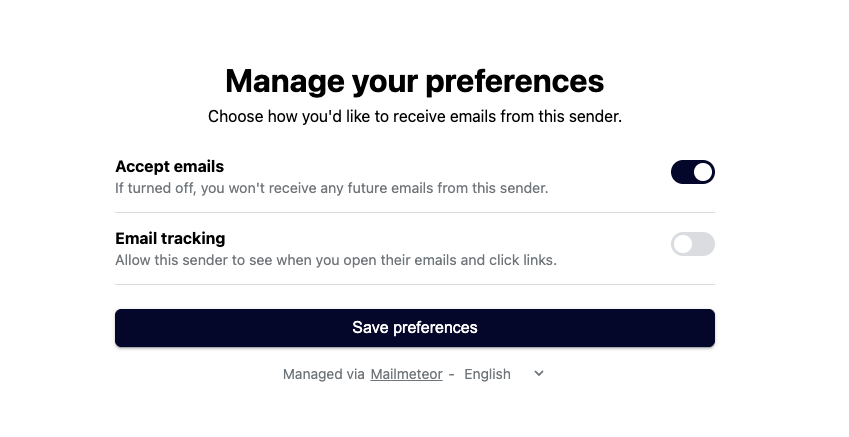 Manage preferences page