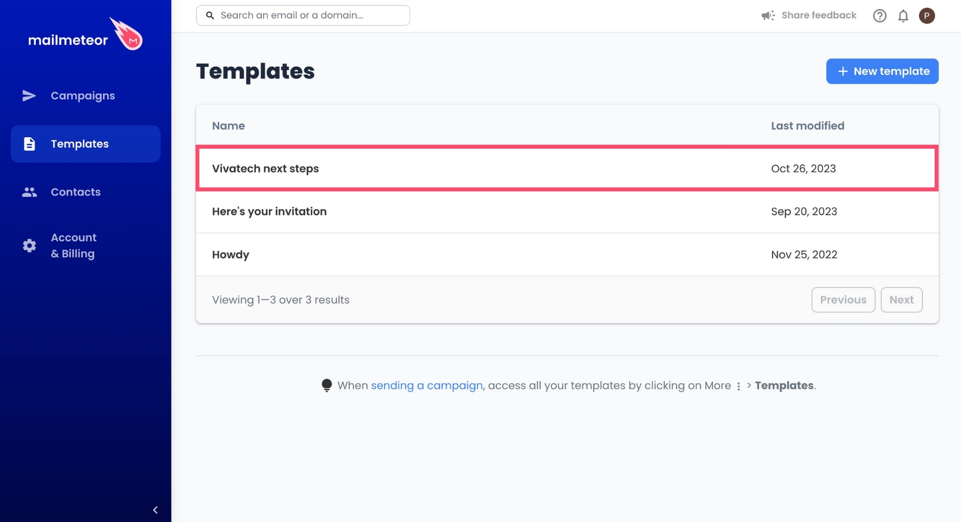 How to select a template in the Mailmeteor dashboard