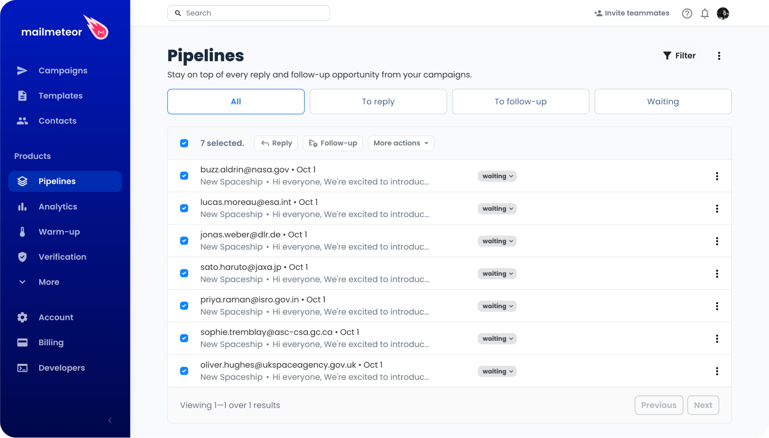 The batch action bar in Pipeline, with seven conversations selected