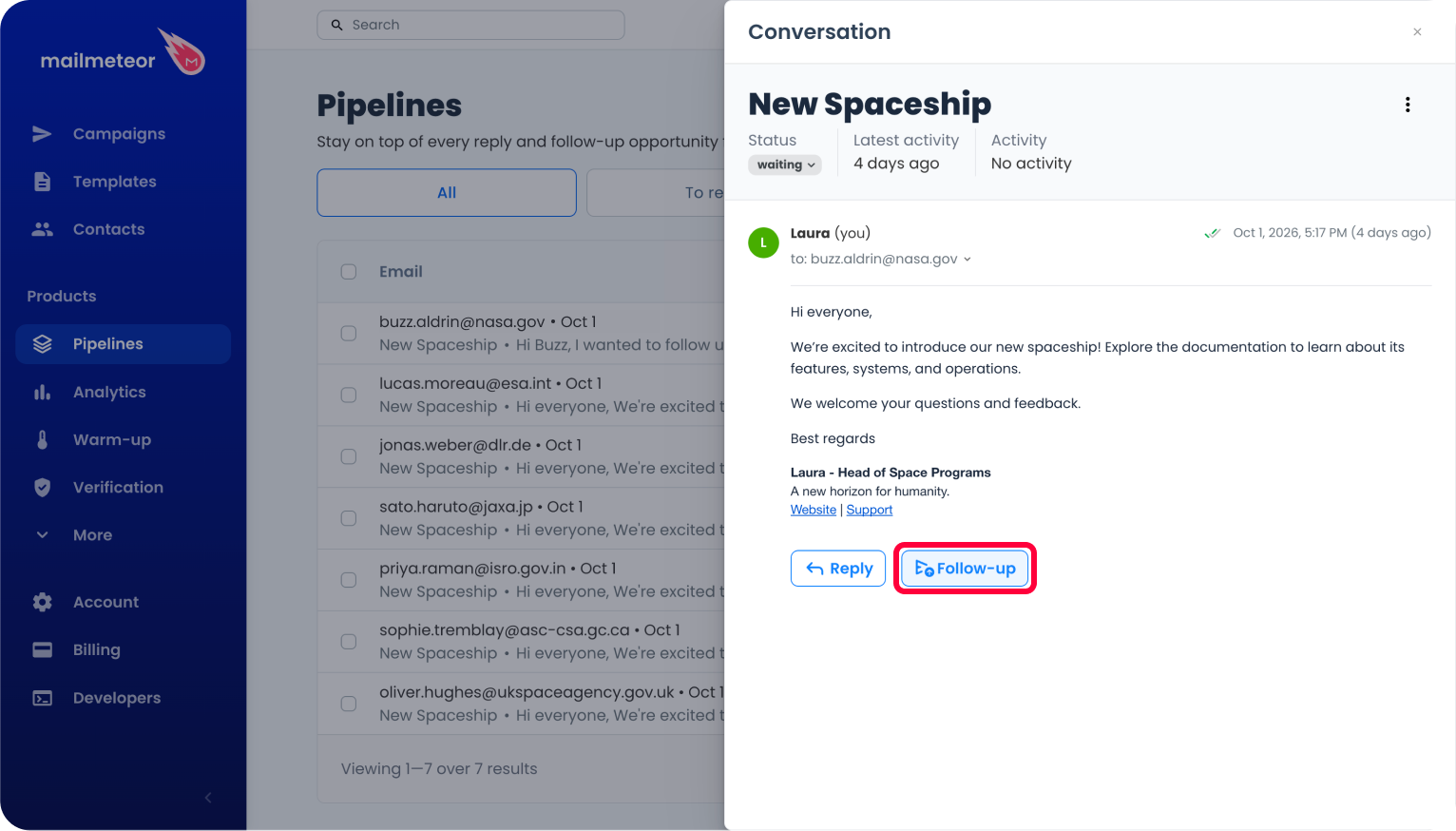 The Follow-up button at the bottom of a Pipeline conversation