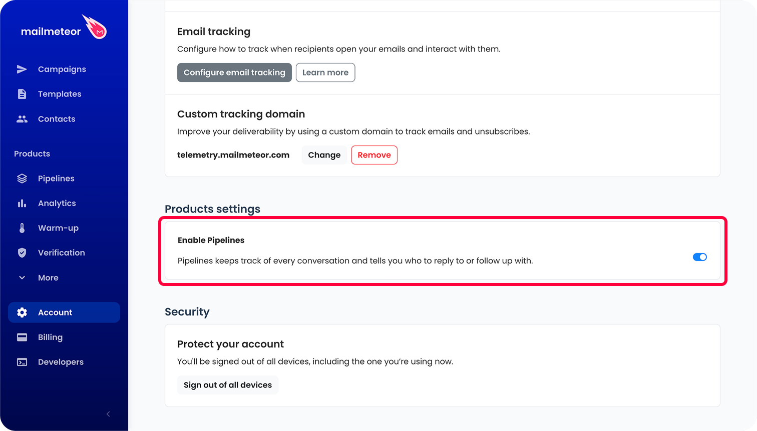 The Enable Pipelines toggle in the Products settings of the Mailmeteor account