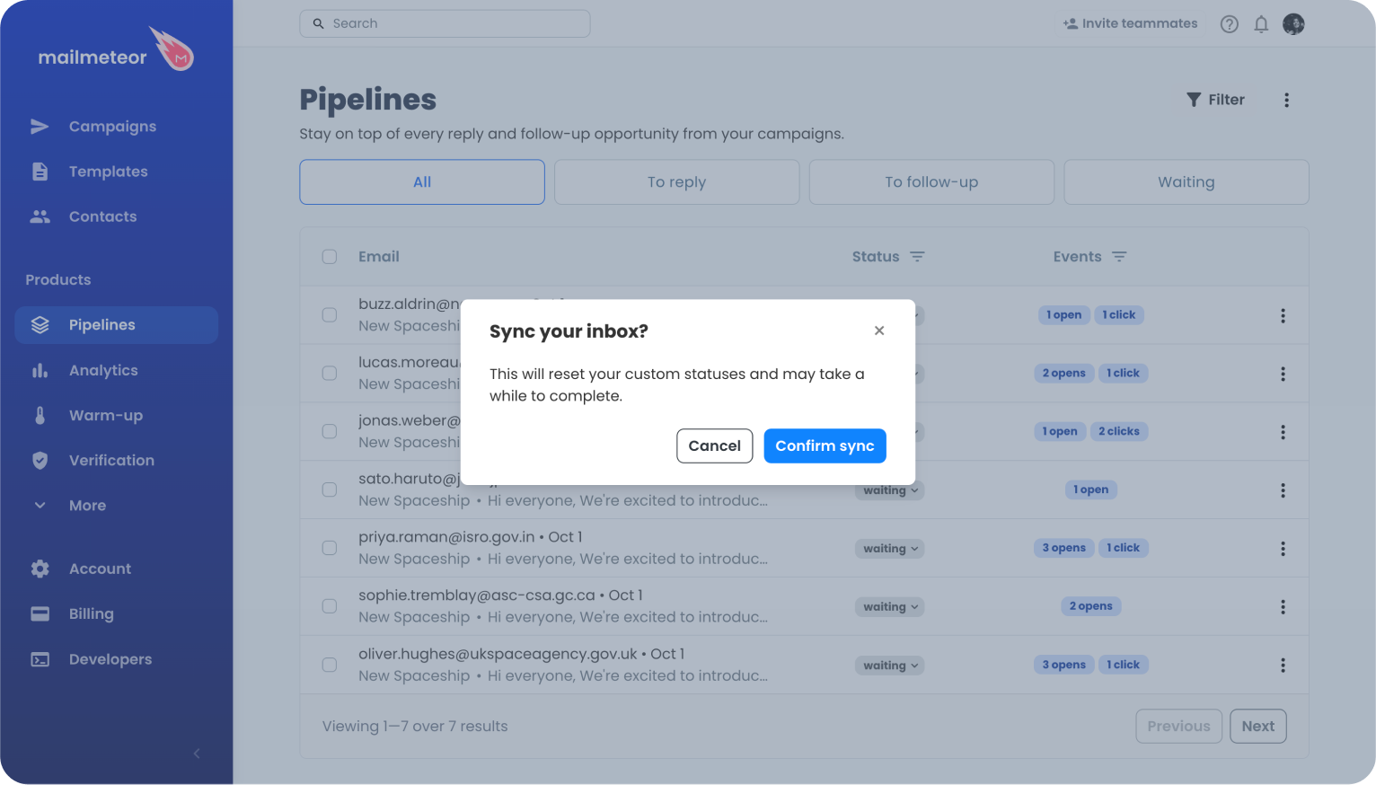 The Sync your inbox? confirmation dialog