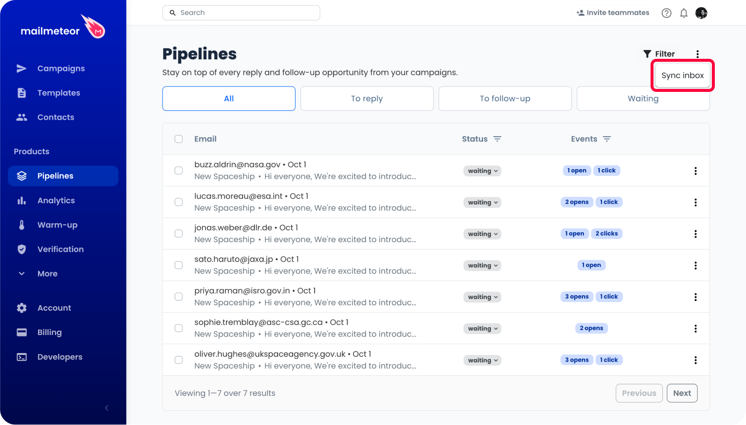 The Sync inbox action in the Pipeline page menu