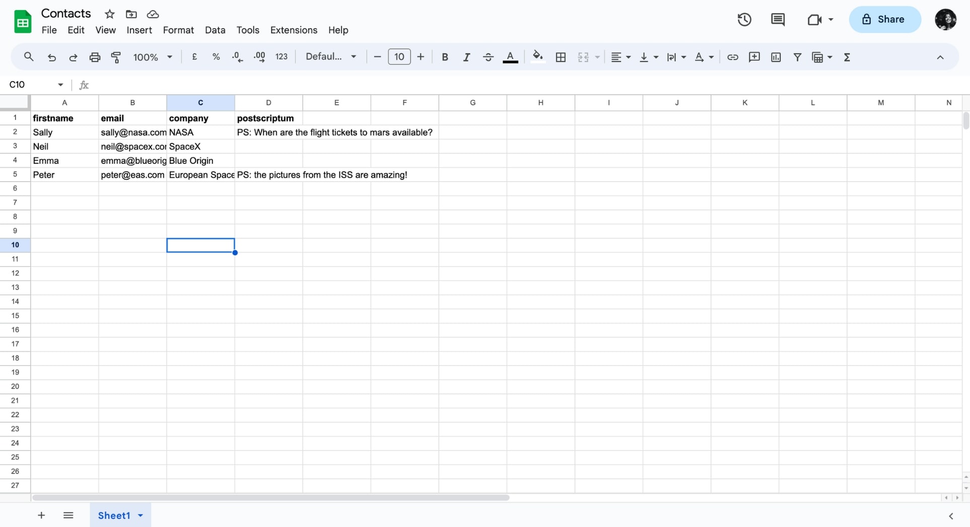 Insert your contact list in Google Sheets