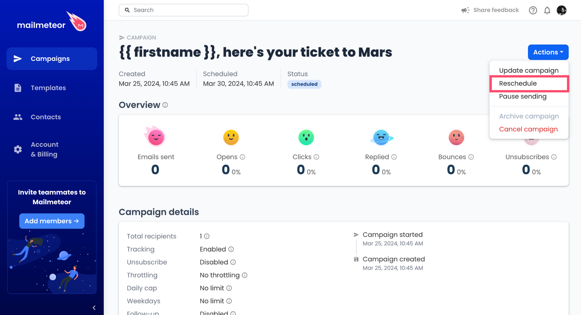 Reschedule a Mailmeteor campaign in the Dashboard