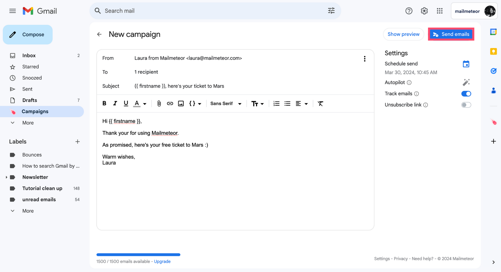 Send emails in Gmail with Mailmeteor