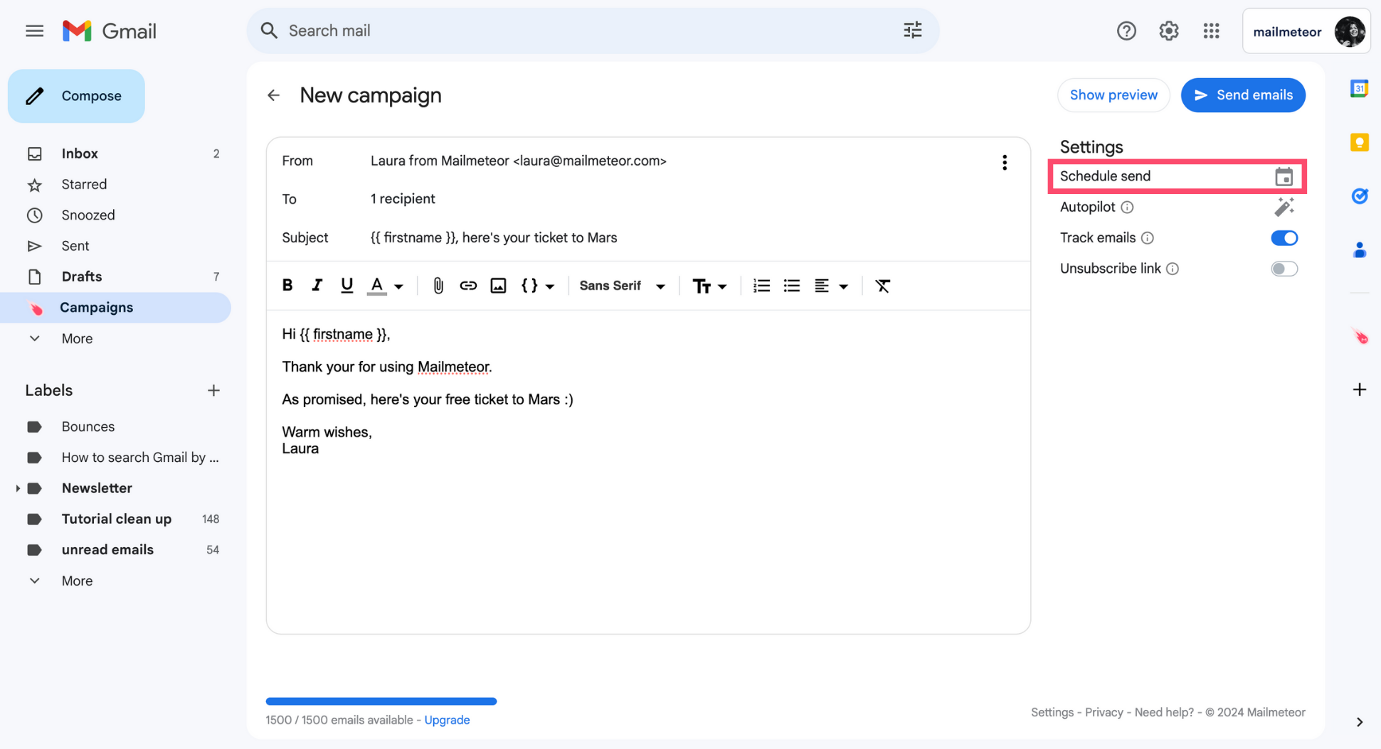 Schedule a Mailmeteor campaign in Gmail