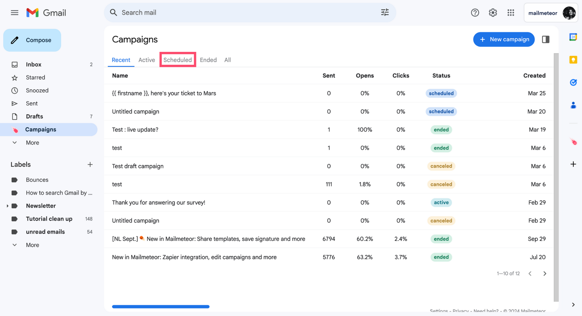 Scheduled Mailmeteor campaigns