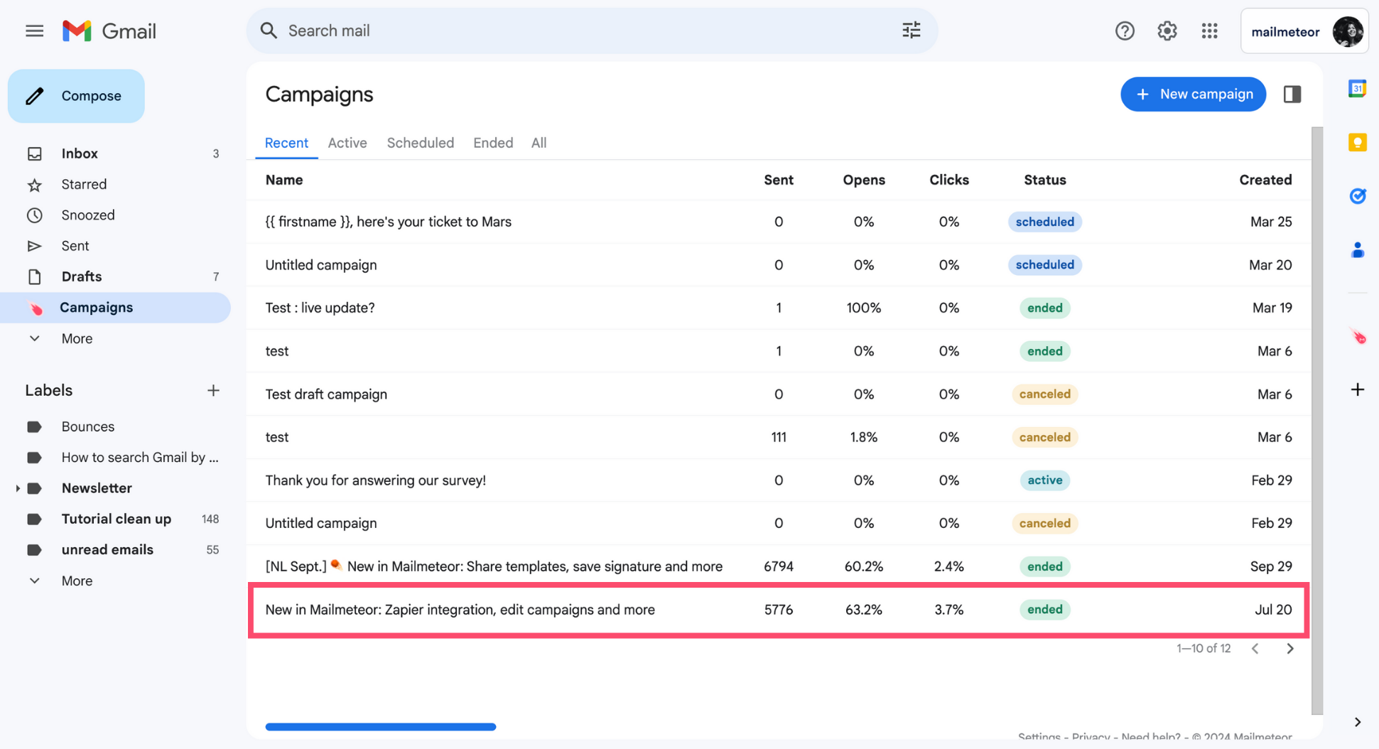 Select a Mailmeteor Campaign in Gmail