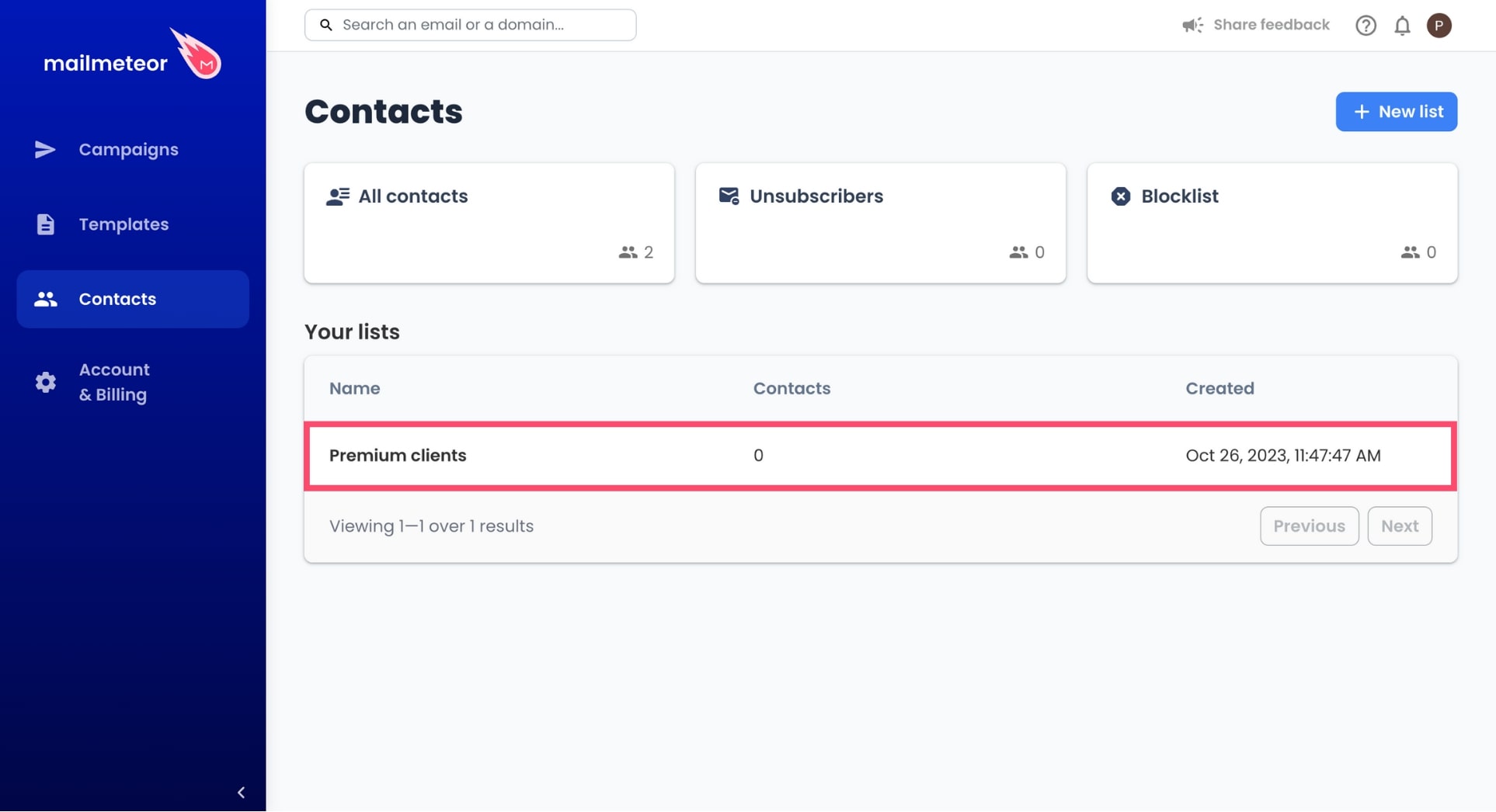 Select a contact list in Mailmeteor