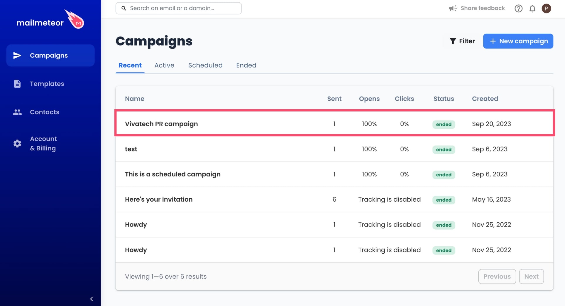 Select a campaign in Mailmeteor