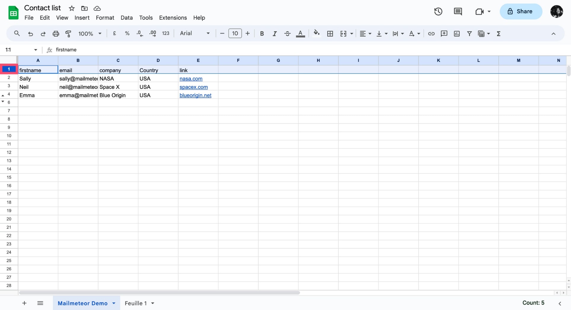 Select first row in Google Sheets