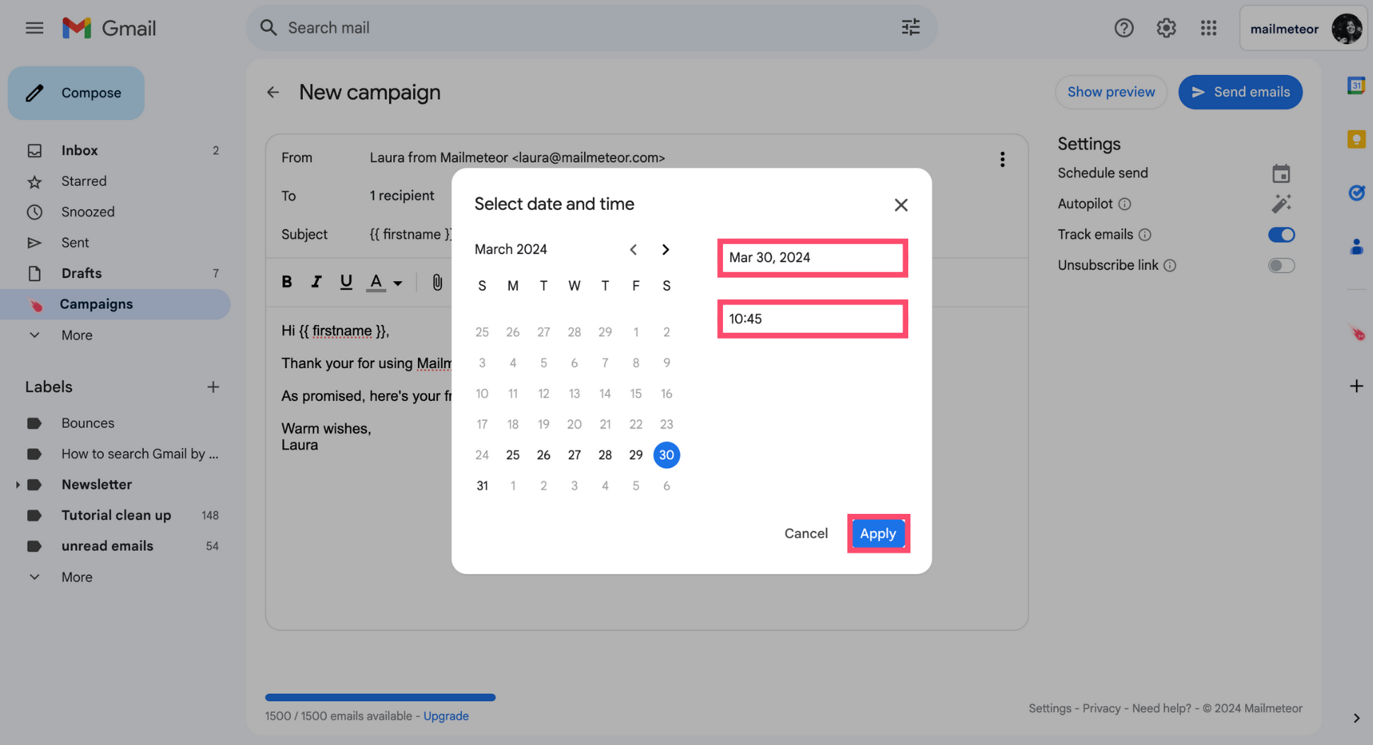 Select a date and time in Gmail