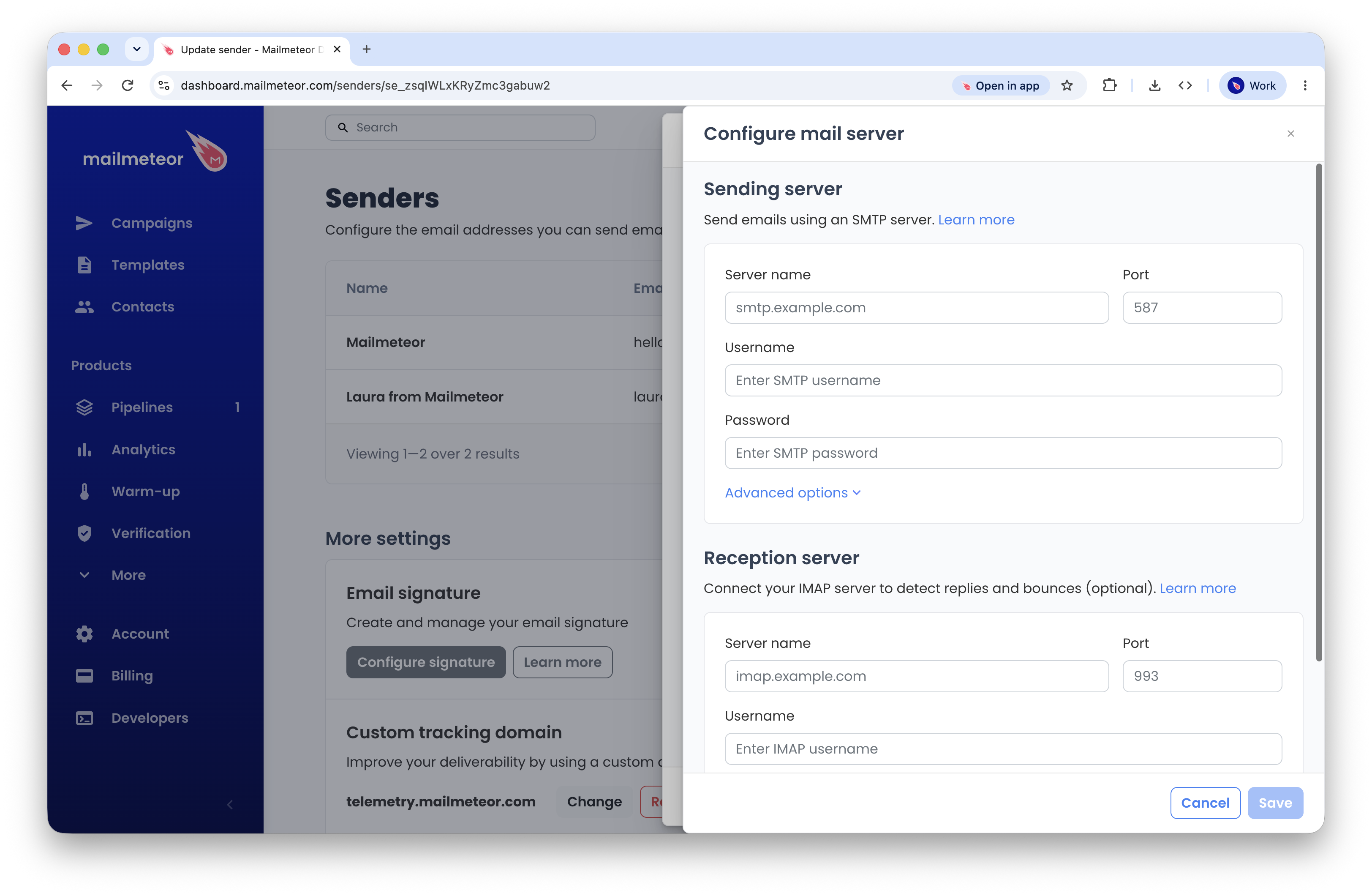 SMTP sending server and IMAP reception server settings in Mailmeteor
