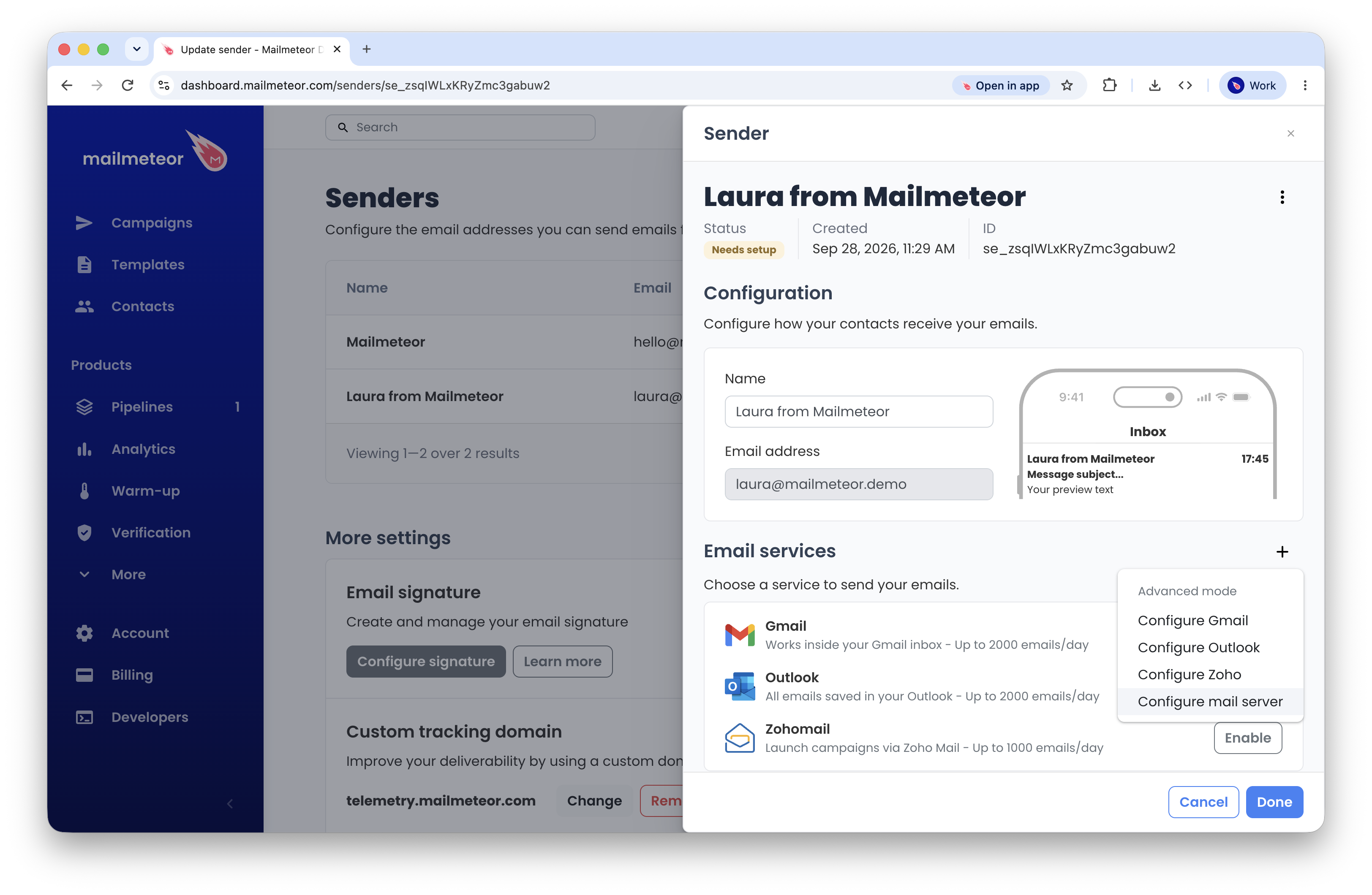 Select Configure mail server from the Email services menu