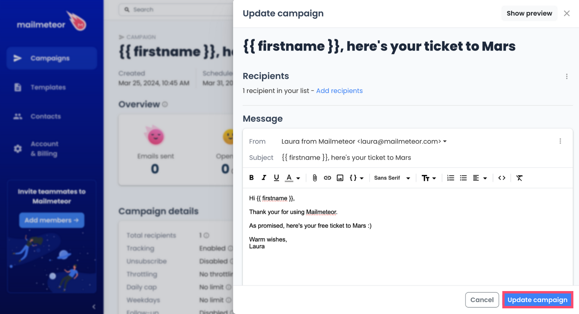 Update a Mailmeteor campaign from the Dashboard