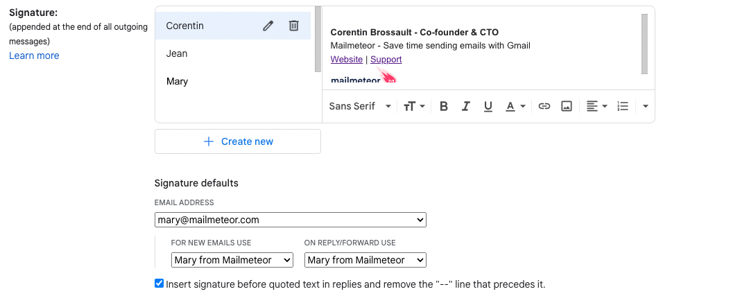 Signature management in Gmail's settings page