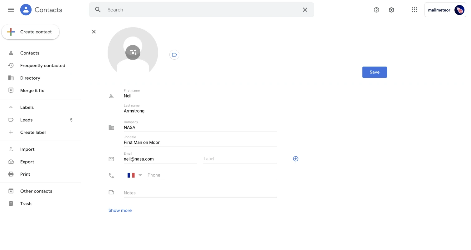 New contact form in Google Contacts interface